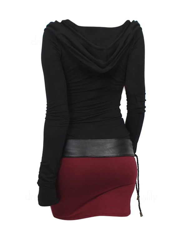 Robe Mini à Capuche Moulante Ceinturée Bicolore - Noir XL