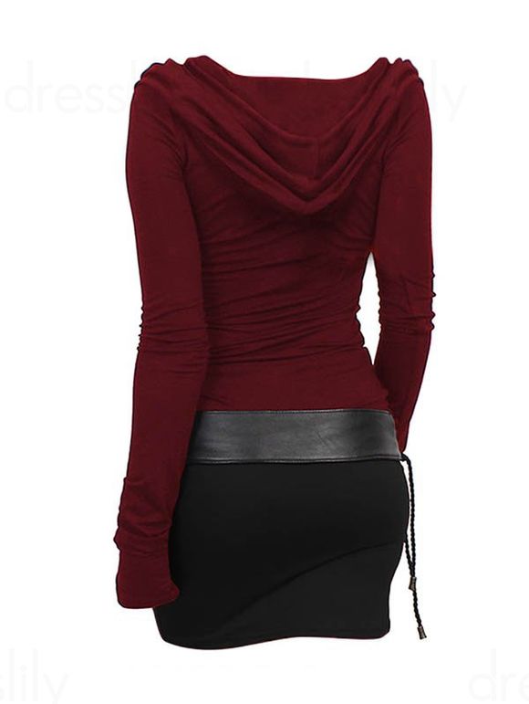 Robe Mini à Capuche Moulante Ceinturée Bicolore - Rouge foncé XL