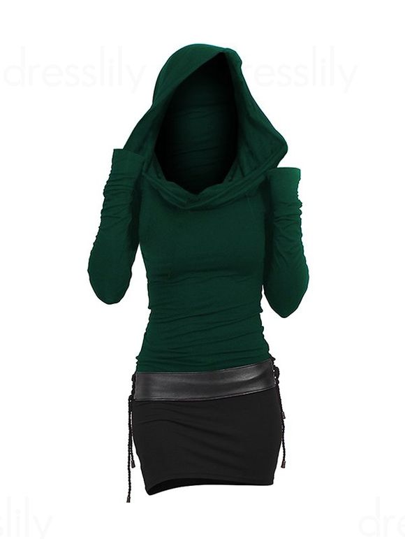 Robe Mini à Capuche Moulante Ceinturée Bicolore - Vert profond L