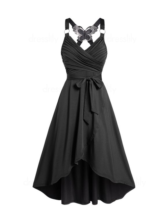 Crossover Dress Self Belted Bowknot Tied Butterfly Lace High Waisted A Line Midi Dress - BLACK S
