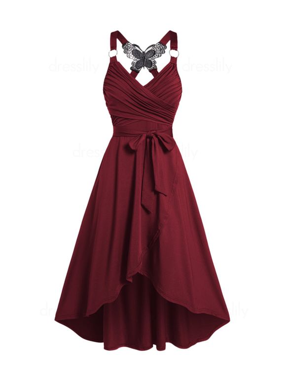 Crossover Dress Self Belted Bowknot Tied Butterfly Lace High Waisted A Line Midi Dress - DEEP RED S
