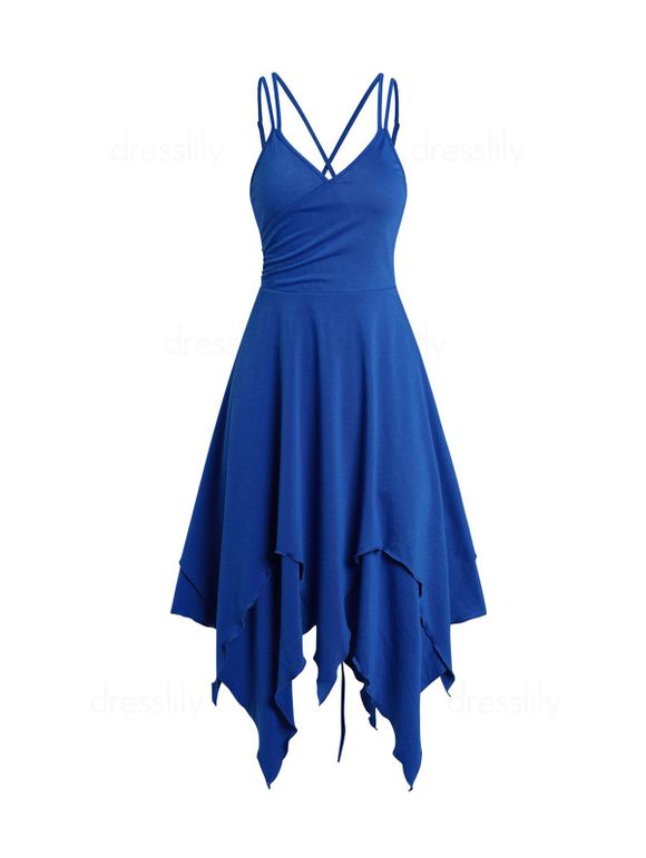 Plain Color Dress Crisscross Layered Asymmetrical Hem Lace Up Surplice Midi Dress - DEEP BLUE L