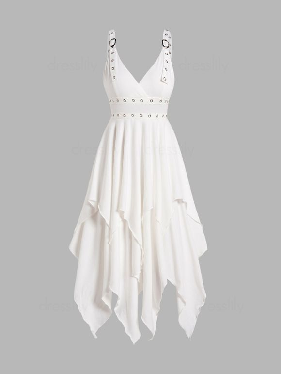 Plain Color Layered Dress Grommet Plunging Neck Empire Waist Adjustable Strap Asymmetrical Midi Dress - WHITE XXL