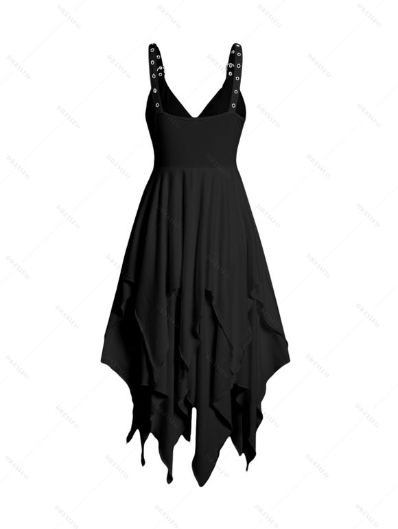 Robe Mi-Longue Asymétrique Superposée en Couleur Unie à Taille Empire Col Plongeant avec Œillet à Bretelle Ajustable - Noir XXL