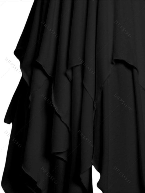 Robe Mi-Longue Asymétrique Superposée en Couleur Unie à Taille Empire Col Plongeant avec Œillet à Bretelle Ajustable - Noir XXL