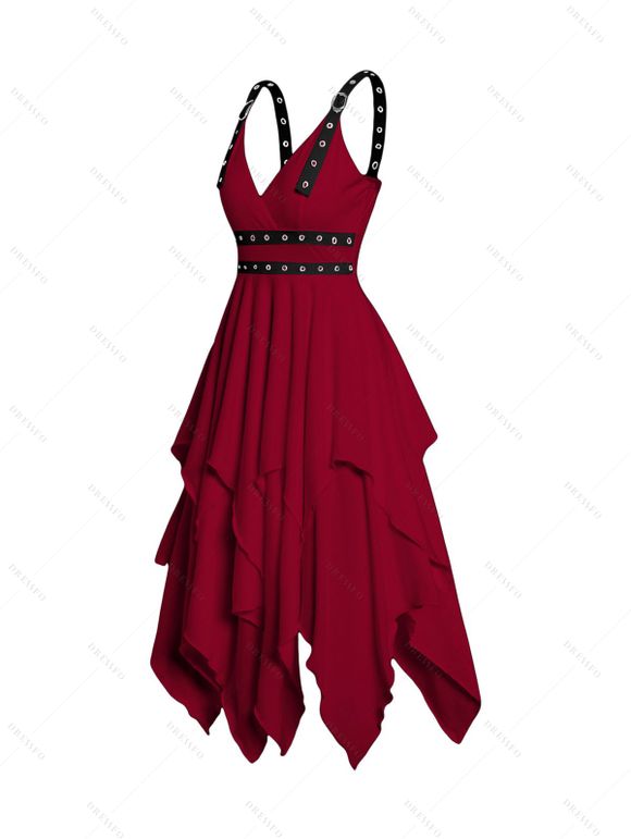 Robe Mi-Longue Asymétrique Superposée en Couleur Unie à Taille Empire Col Plongeant avec Œillet à Bretelle Ajustable - Rouge foncé S