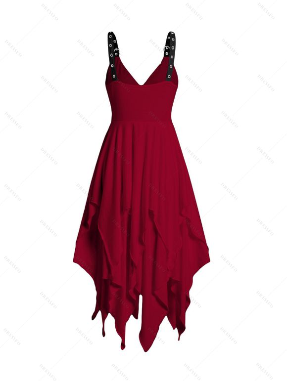 Robe Mi-Longue Asymétrique Superposée en Couleur Unie à Taille Empire Col Plongeant avec Œillet à Bretelle Ajustable - Rouge foncé S