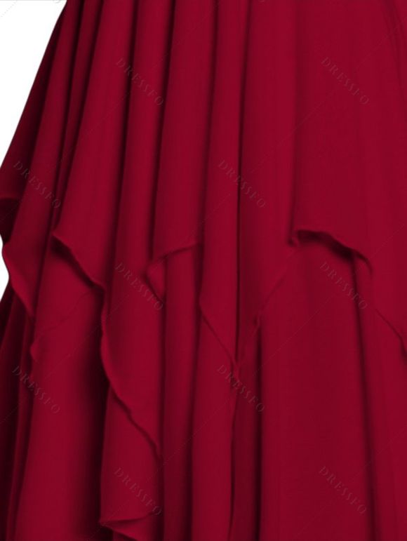 Robe Mi-Longue Asymétrique Superposée en Couleur Unie à Taille Empire Col Plongeant avec Œillet à Bretelle Ajustable - Rouge foncé S