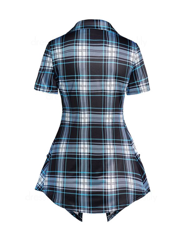 T-shirt d'Eté Décontracté Croisé à Imprimé Carreaux à Col Relevé Faux Deux Pièces - Bleu clair M