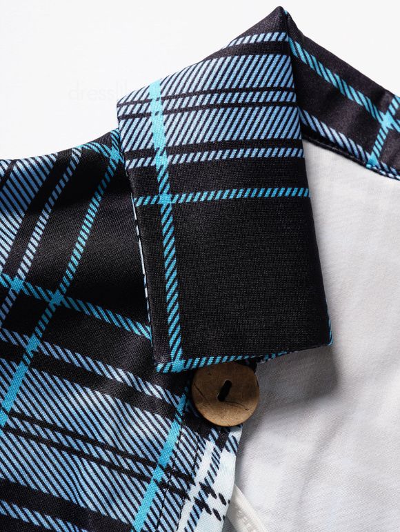 T-shirt d'Eté Décontracté Croisé à Imprimé Carreaux à Col Relevé Faux Deux Pièces - Bleu clair M