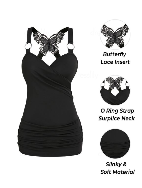 Débardeur D'Eté Gothique Superposé Papillon en Dentelle à Volants Anneau O - Noir XXXL