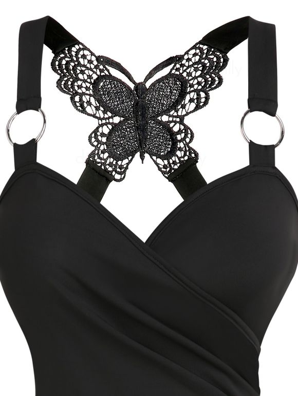 Débardeur D'Eté Gothique Superposé Papillon en Dentelle à Volants Anneau O - Noir XXXL