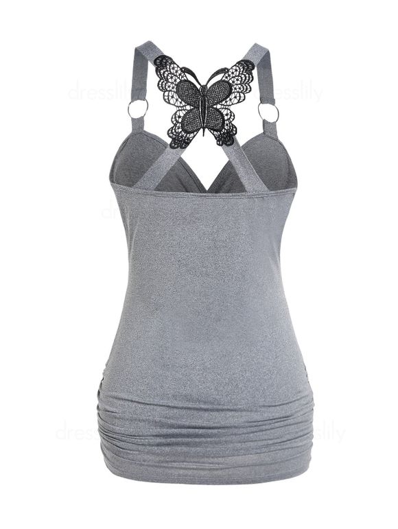 Débardeur D'Eté Gothique Superposé Papillon en Dentelle à Volants Anneau O - Gris XXL