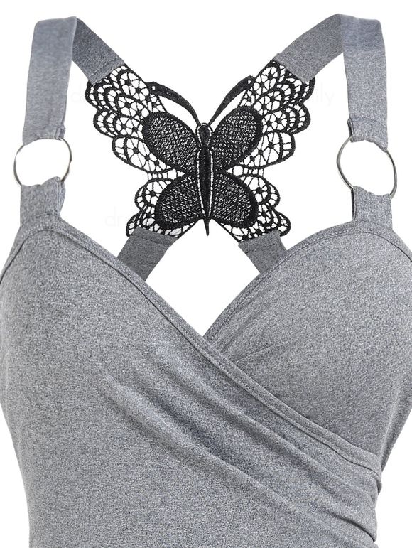 Débardeur D'Eté Gothique Superposé Papillon en Dentelle à Volants Anneau O - Gris XXL
