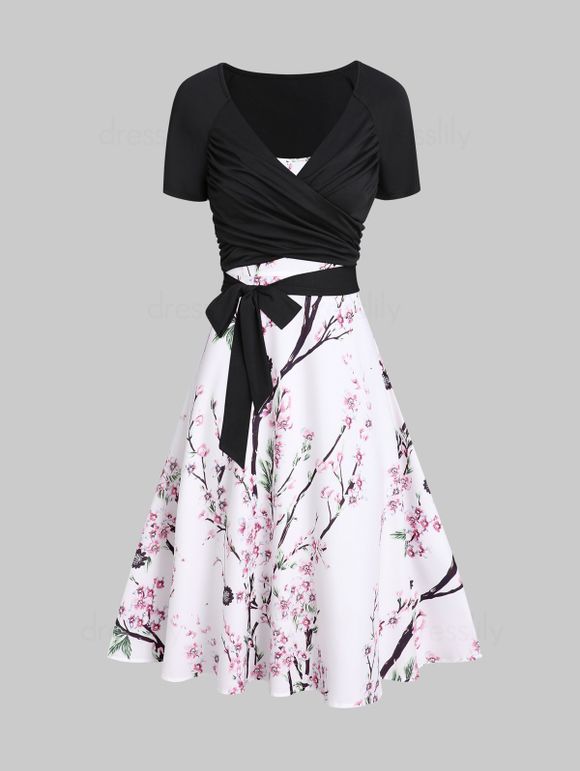 Peach Blossom Floral Print A Line Vacation Sundress and Bowknot Surplice T Shirt Two Piece Summer Set - WHITE S