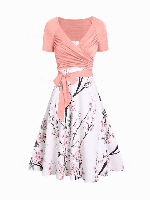 Peach Blossom Floral Print A Line Vacation Sundress and Bowknot Surplice T Shirt Two Piece Summer Set - LIGHT PINK XL
