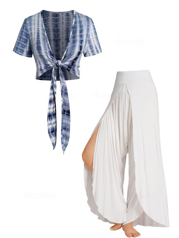 Ensemble Décontracté de Top Court Teinté Ouvert Devant et Pantalon Harem Superposé - multicolor S