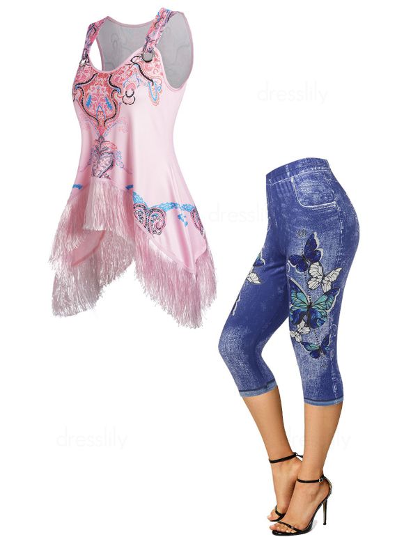 Ensemble de Débardeur Asymétrique à Franges à Imprimé Floral Style Ethnique et Jegging Capri - multicolor S