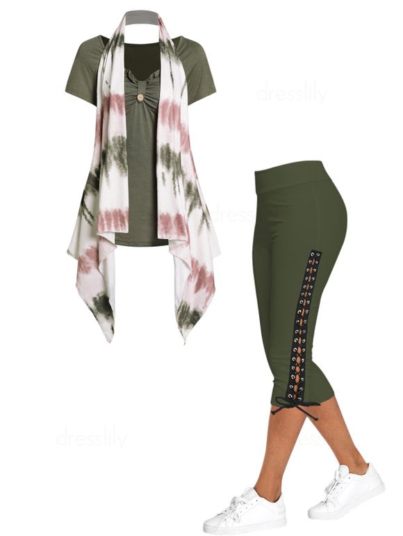 Ensemble de Tops Asymétriques Ruché Teintés à Volants et Legging Moulant à Lacets - multicolor S