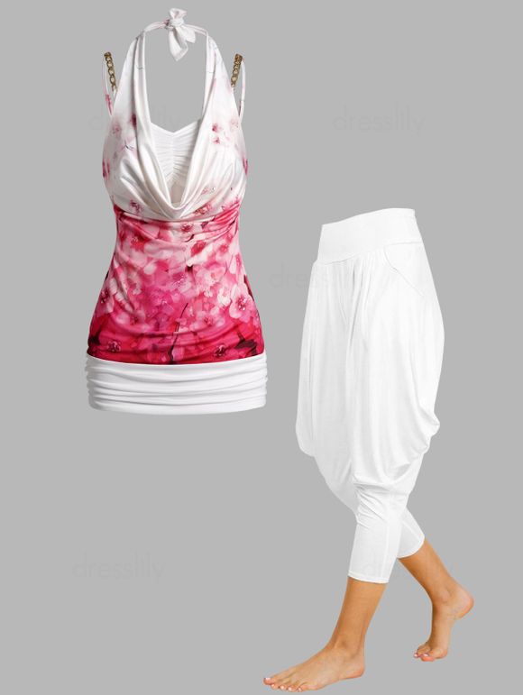 Ensemble de Débardeur à Col Halter à Imprimé Floral de Faux Deux Pièces et Pantalon Lanterne Drapé Plissé - multicolor S