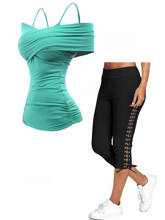 Ensemble de Top Ruché à Bretelles Fine Ajustable à Epaules Dénudées et Legging Moulant à Lacets - multicolor S