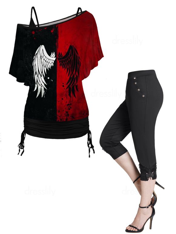 Wing Print Skew Neck Cinched Tops and Butterfly Lace Applique Cropped Leggings Outfit - multicolor S
