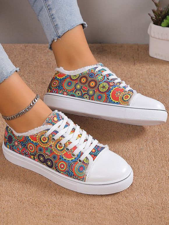 Hippie Print Raw Hem Lace Up Casual Shoes - multicolor A EU 36