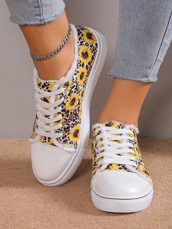 Sunflower Leopard Print Raw Hem Lace Up Casual Shoes - Jaune EU 39