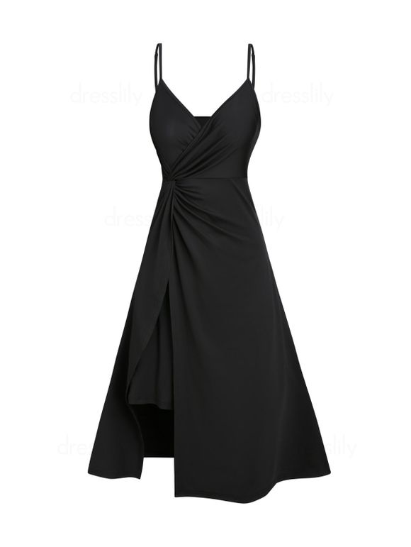 Robe D'été Mi-longue Plongeante à Bretelles Spaghetti en Ligne A - Noir XXXL