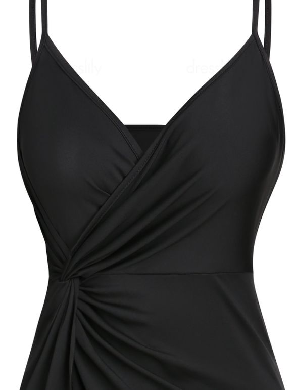 Robe D'été Mi-longue Plongeante à Bretelles Spaghetti en Ligne A - Noir XXXL