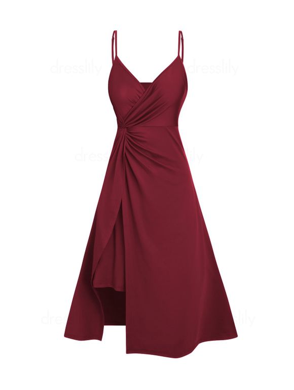 Robe D'été Mi-longue Plongeante à Bretelles Spaghetti en Ligne A - Rouge foncé L