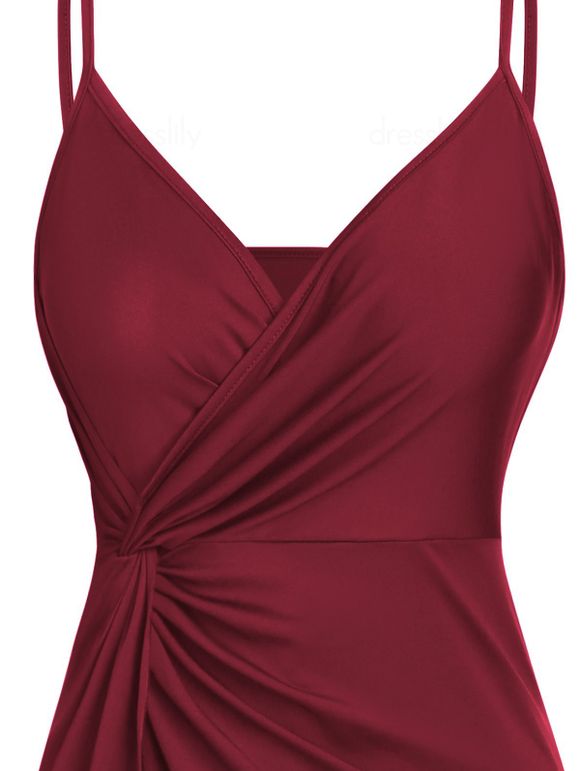 Robe D'été Mi-longue Plongeante à Bretelles Spaghetti en Ligne A - Rouge foncé L