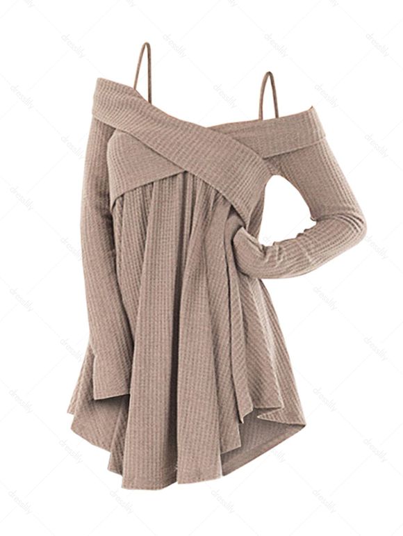 Pull Tunique Croisé à Epaule Dénudée - Kaki Léger 2XL