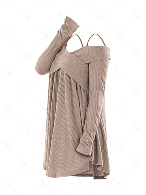Pull Tunique Croisé à Epaule Dénudée - Kaki Léger 2XL