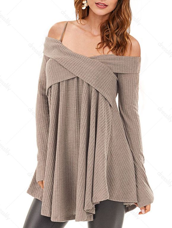 Pull Tunique Croisé à Epaule Dénudée - Kaki Léger 2XL
