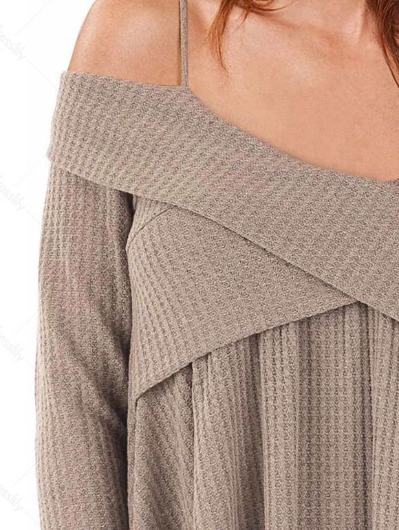 Pull Tunique Croisé à Epaule Dénudée - Kaki Léger 2XL