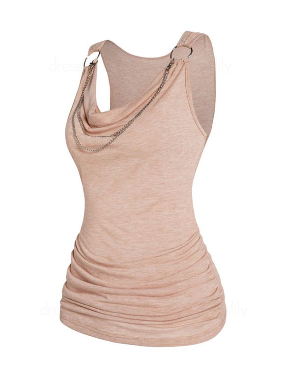Cowl Neck Tank Top Draped Ruched Chain Embellishment Casual Tank Top - LIGHT COFFEE XXL