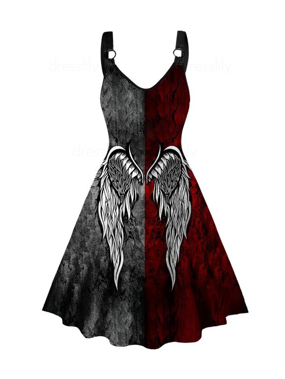 Gothic Dress Contrast Colorblock Wing Print V Neck High Waisted A Line Mini Dress - DEEP RED S