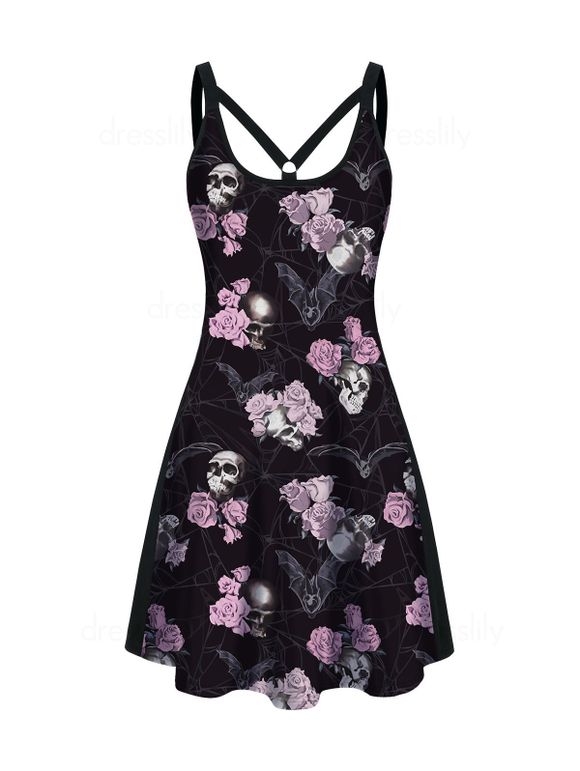 Mini Robe Décontractée à Imprimé Rose et Crâne sans Manches - Noir S
