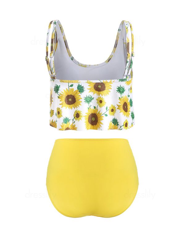 Ensemble de Tankini Contrôle du Ventre Superposé Imprimé Fleuri à Taille Haute de Plage - Jaune S