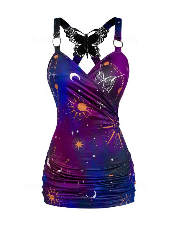 Celestial Sun Moon Star Print Tank Top Butterfly Lace Insert Ruched Surplice O Ring Strap Tank Top - PURPLE XXL