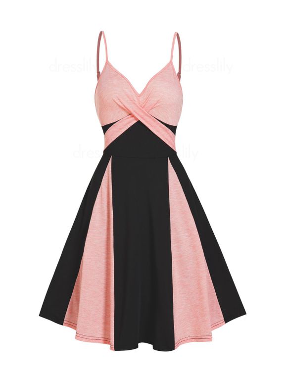Contrast Colorblock Dress Empire Waist Sleeveless Spaghetti Strap Crossover A Line Midi Dress - BLACK M