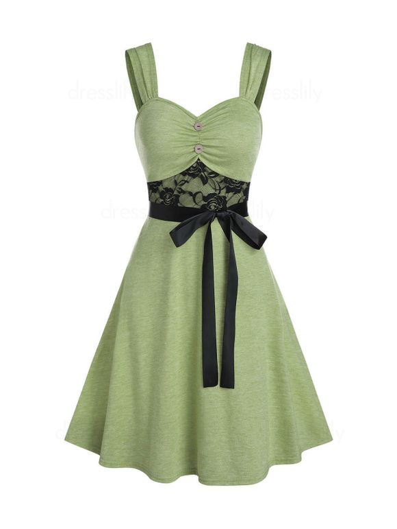 Summer Vacation Lace Insert Button Ruched Belted Dress - GREEN 3XL