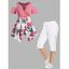 Plus Size Flower Print Cold Shoulder Handkerchief T Shirt and Lace Up Eyelet Capri Leggings Outfit - LIGHT PINK L