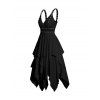 Robe Mi-Longue Asymétrique Superposée en Couleur Unie à Taille Empire Col Plongeant avec Œillet à Bretelle Ajustable - Noir L
