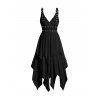 Robe Mi-Longue Asymétrique Superposée en Couleur Unie à Taille Empire Col Plongeant avec Œillet à Bretelle Ajustable - Noir L