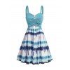 Tie Dye Print Dress Mock Button Crossover High Waisted Sleeveless A Line Mini Dress