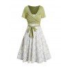 Ensemble de Robe Ligne A à Carreaux à Imprimé Feuille et de T-Shirt Superposé avec Nœud Papillon Deux Pièces - Vert clair XXXL