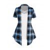 Casual Faux Twinset T Shirt Crisscross Plaid Print Mock Button Turn Down Collar Summer Tee - LIGHT BLUE XXXL