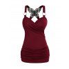Gothic Tank Top Ruched Butterfly Lace Cross Tank Top O Ring Surplice Summer Top - DEEP RED XL